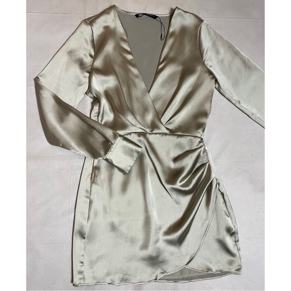 New Zara Wrap Front Satin Long Sleeve Grey Dress Size S - Picture 5 of 12